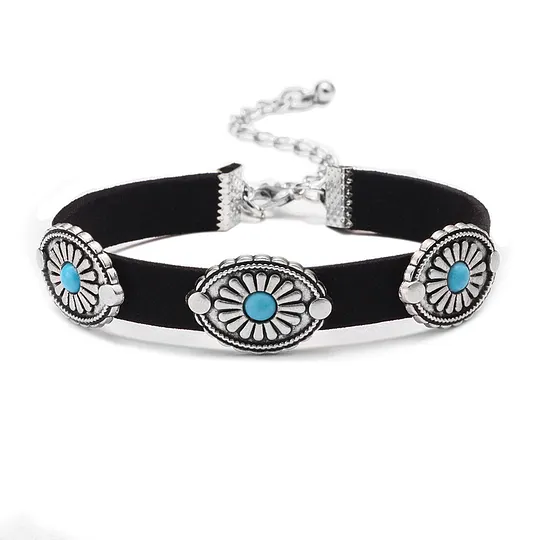 European and American Fashion Retro Necklace Metal Flower Plate Turquoise Velvet Necklace Choker Bohemian Necklace Collar
