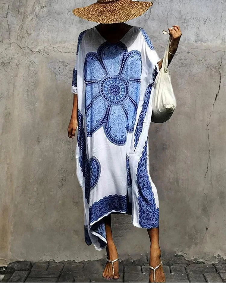 Vintage Geometric Print Batwing Sleeve Maxi Dress P16186