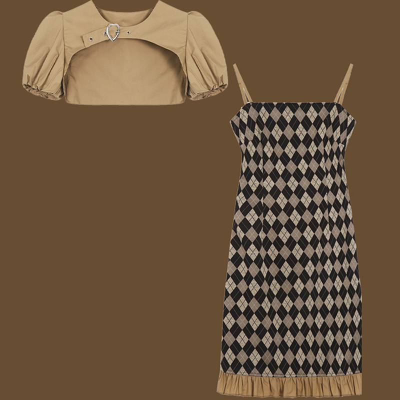 Pure Color Cardigan Plaid Slip Dress Two Pieces Set