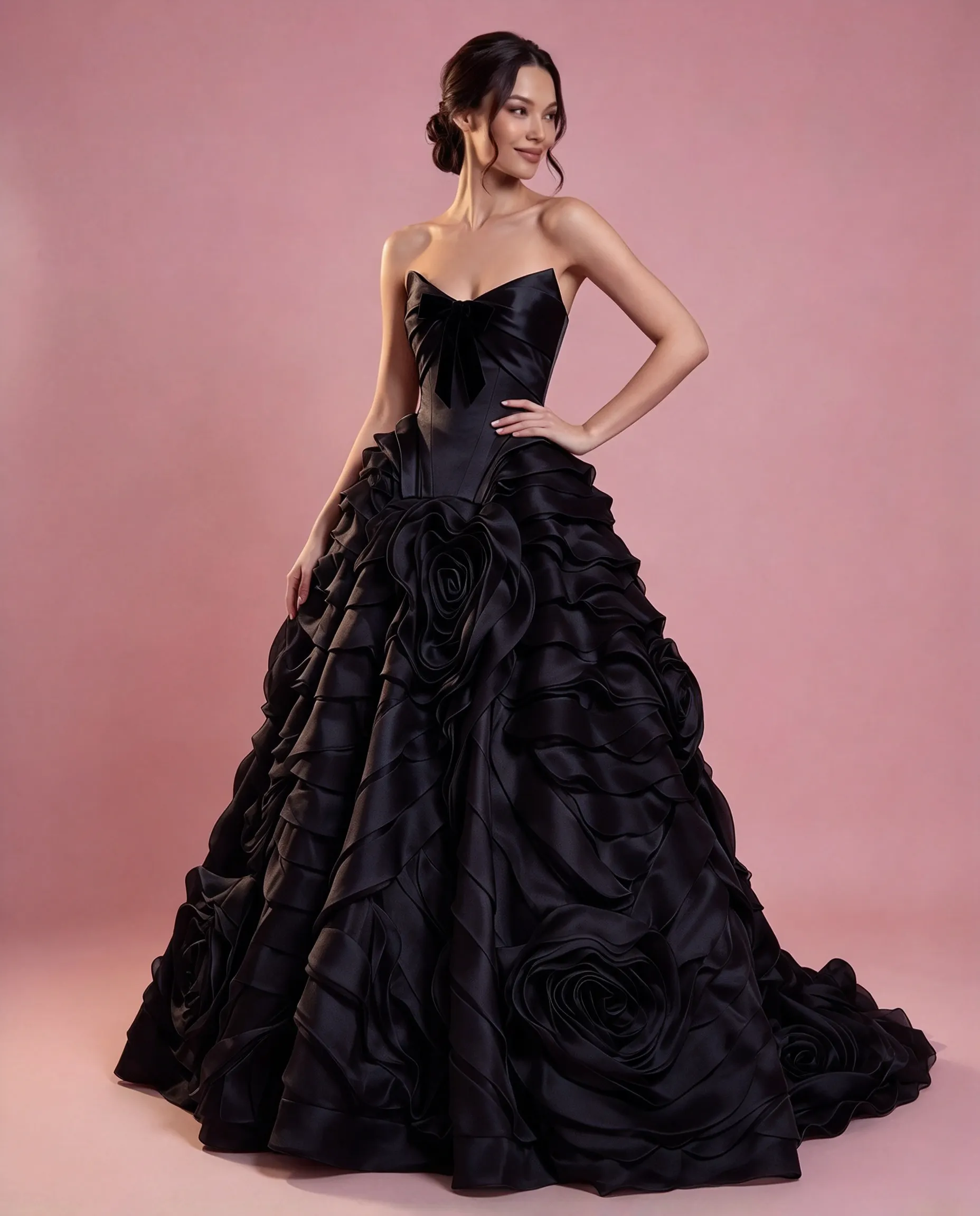 Daisda Sleeveless Strapless Satin 3D Handmade Rose Ruffled Prom Dress With Black Bowknot