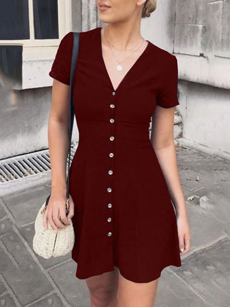 Vacation Solid Short Sleeve V-neck Button Cotton Dress