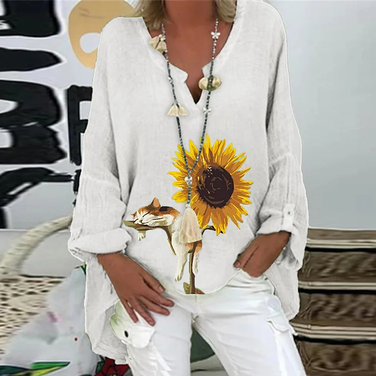 V-Neck Sunflower Print Long Sleeve Blouse