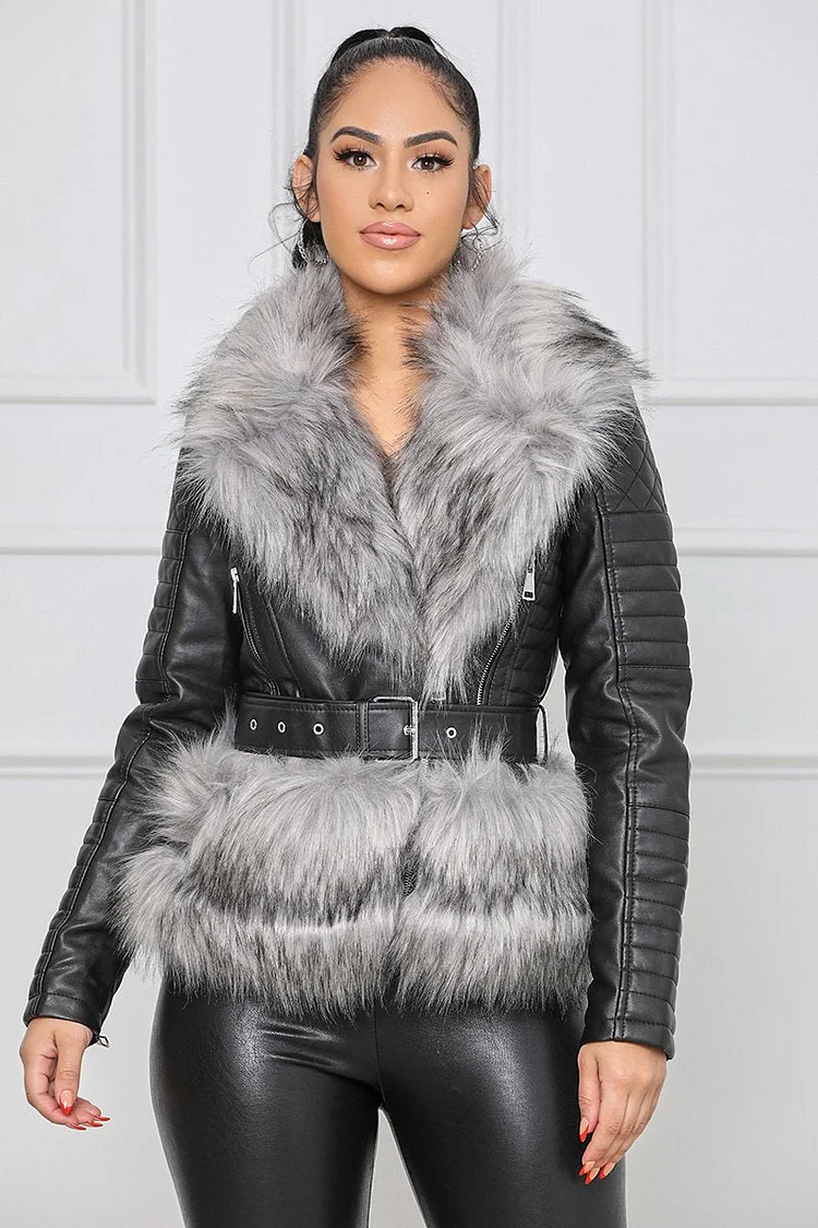 Moto Faux PU Leather Fur Biker Jacket