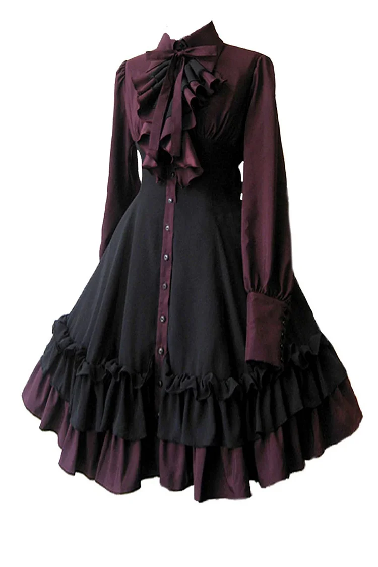 Gothic Purple Party Bow Ruffle Shirt Collar Tunic Midi Dress