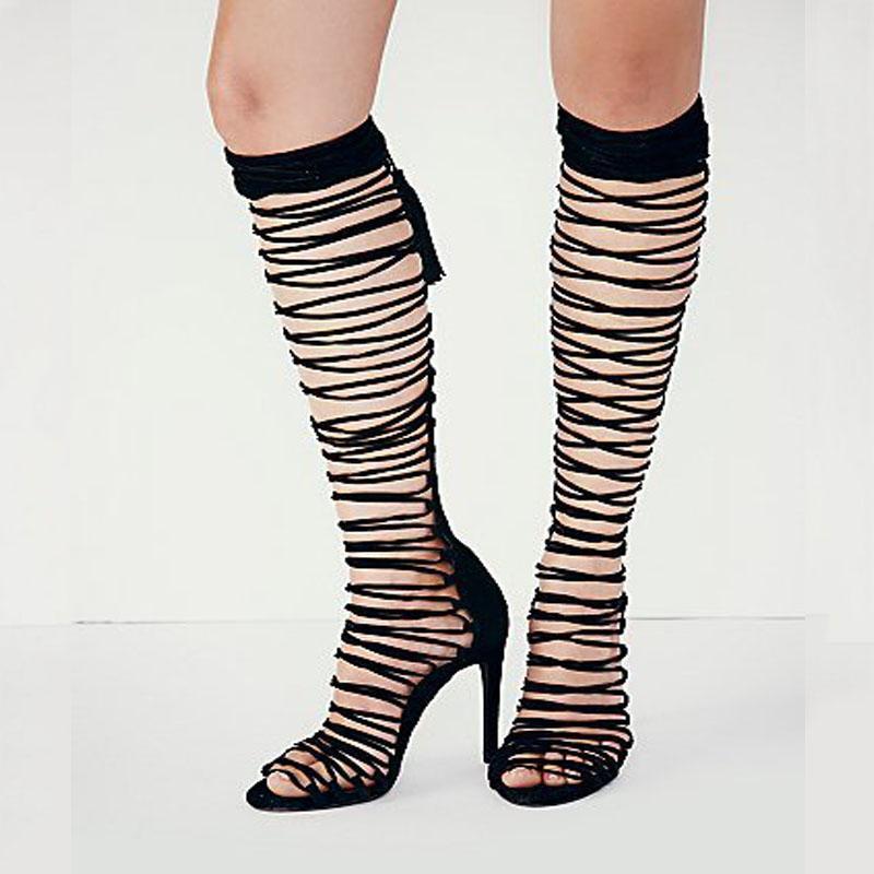 VCSHOES Suede Cutout Strap High Heel Knee High Sandals