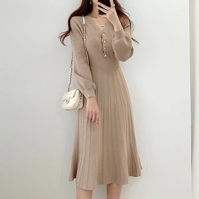 Graduation Gifts   One Piece Korean Pleated Dress 2022 New Spring Long Sleeve Slim Woman Sweater Dresses Knitted Vintage Elegant Midi Party Dress