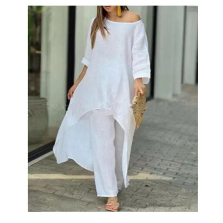 New Cotton and Linen Casual Large Size Irregular Long Sleeve Suit Wide Leg Pants Two-Piece Suit VangoghDress