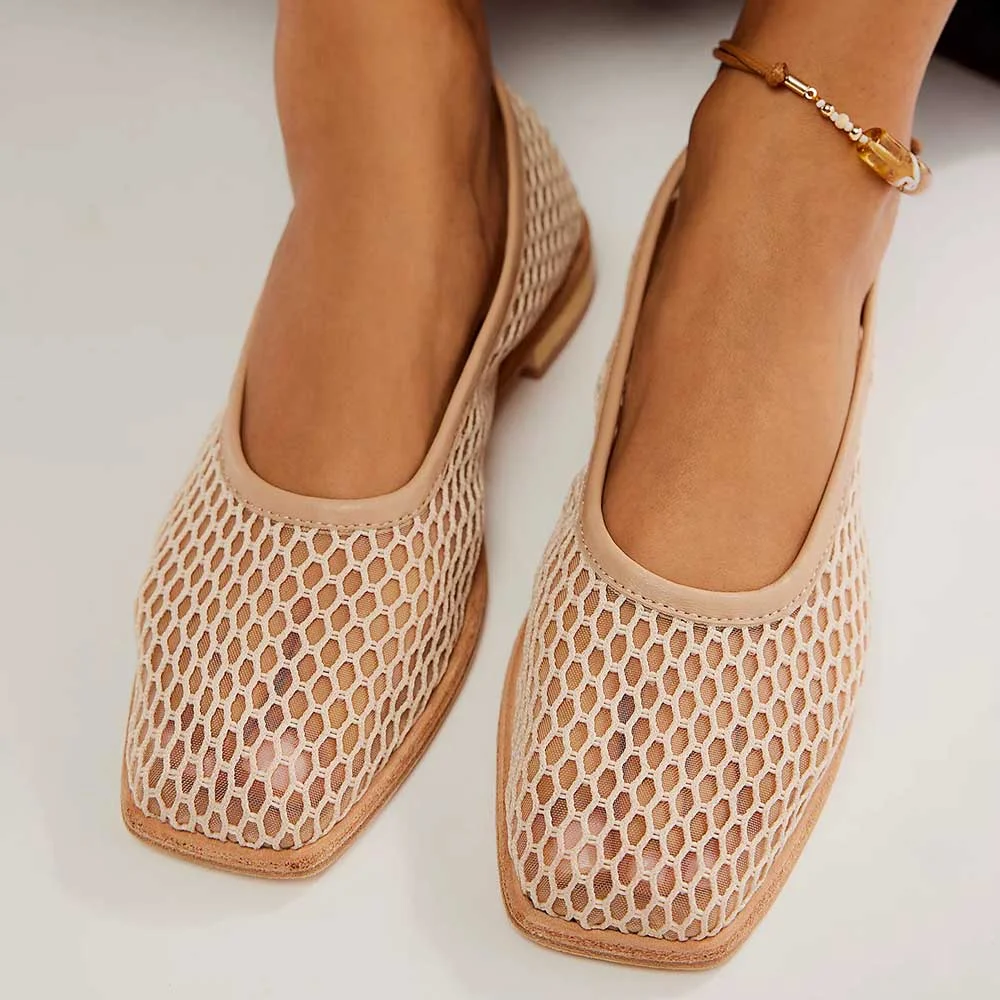 Beige Mesh Square Toe Slip-On Flat Shoes for Women Nicepairs