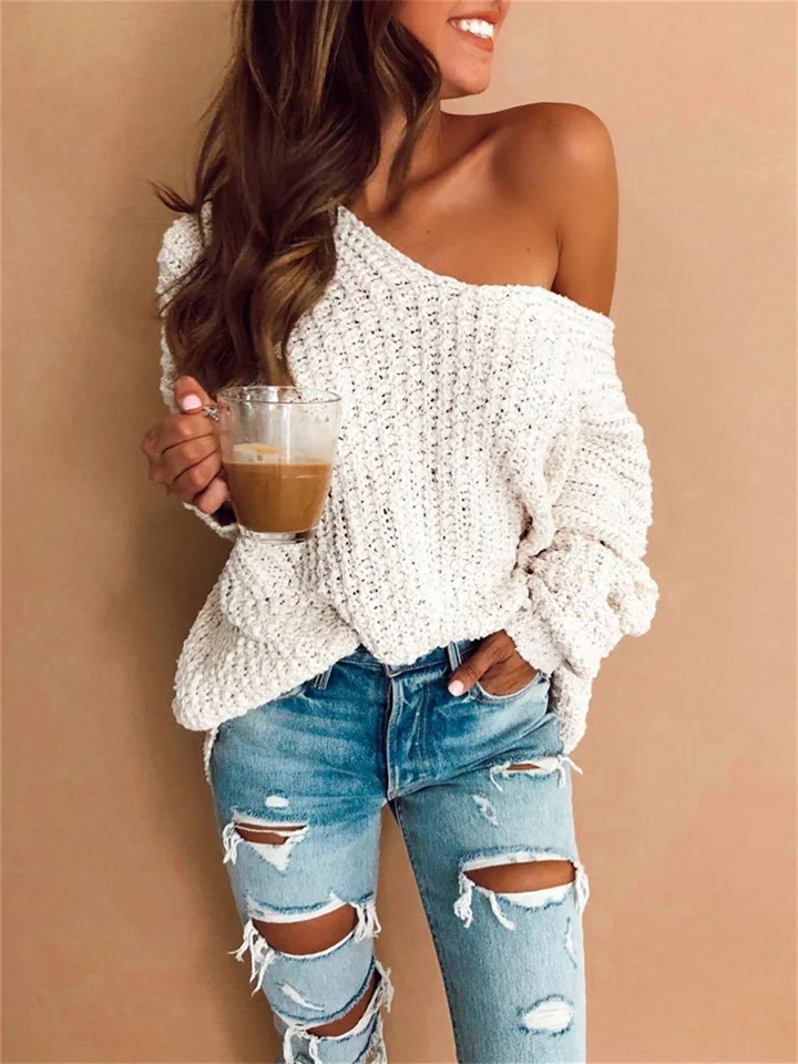 Loose Solid Color V-neck Knitted Sweater-JRSEE