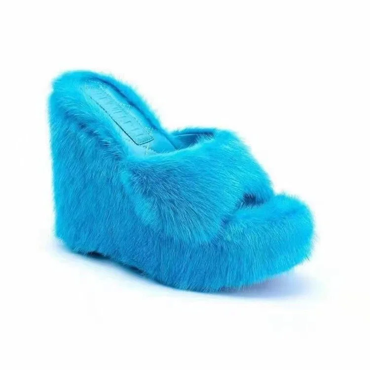 Graduation Gifts  2022 Autumn New Fur Slippers Flat Wedge Heel Slippers Women High-heeled Furry Drag Fashion Outdoor All-match Shoes Slippers
