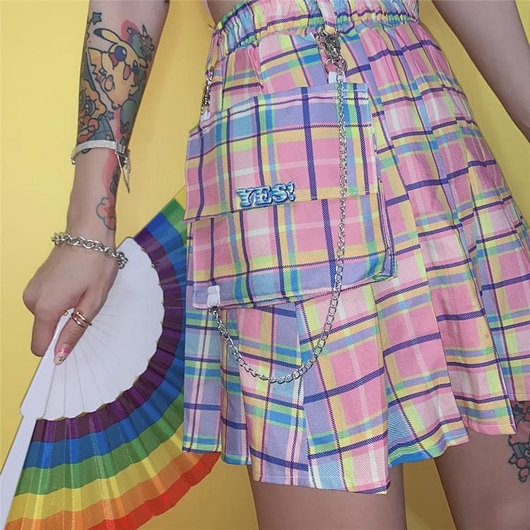 Plaid Chain Pocket High Waist Pleated Short Skirt SP14967
