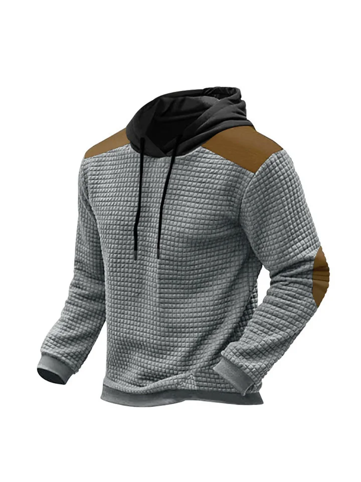 Men's Jacquard Plaid Colorblocking Sweater Long-sleeved Hooded Pullover Round Neck Light Casual Sweater Man