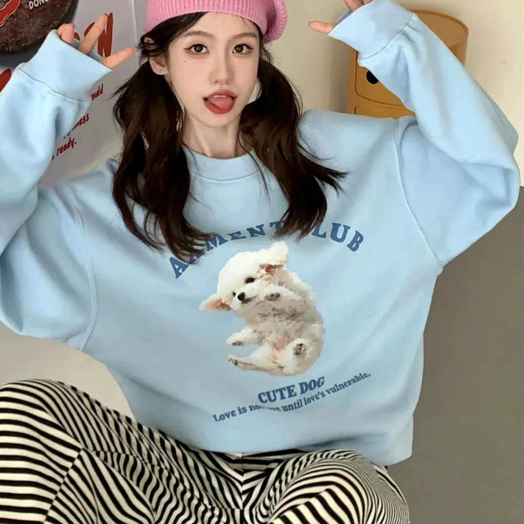 Tlbang Blue Pure Cotton Oversized Sweatshirt college girls Korean Cute Dog Cartoon Hoodie Casual Long Sleeve Winter Kawaii Clothes