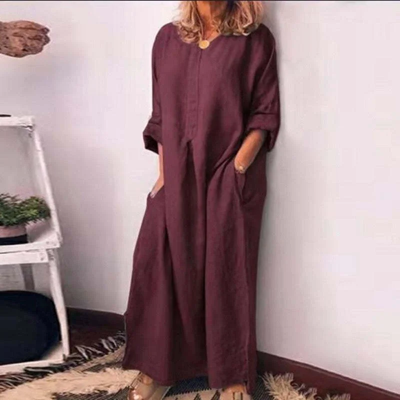 Women's Cotton Linen Solid Color Loose Fitting Dress