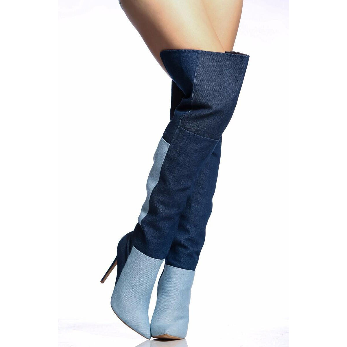 VCSHOES Cowboy Denim Color Block Stiletto High Heel Over Knee Boots