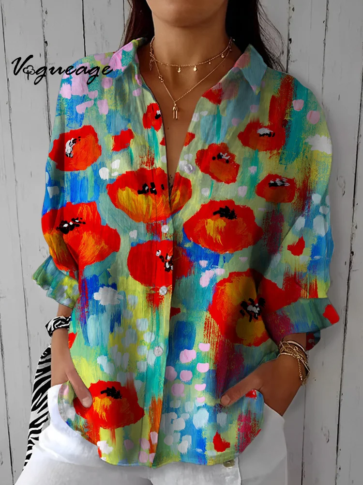 Bright And Elegant Watercolor Flowers Printed Cotton And Linen Shirt