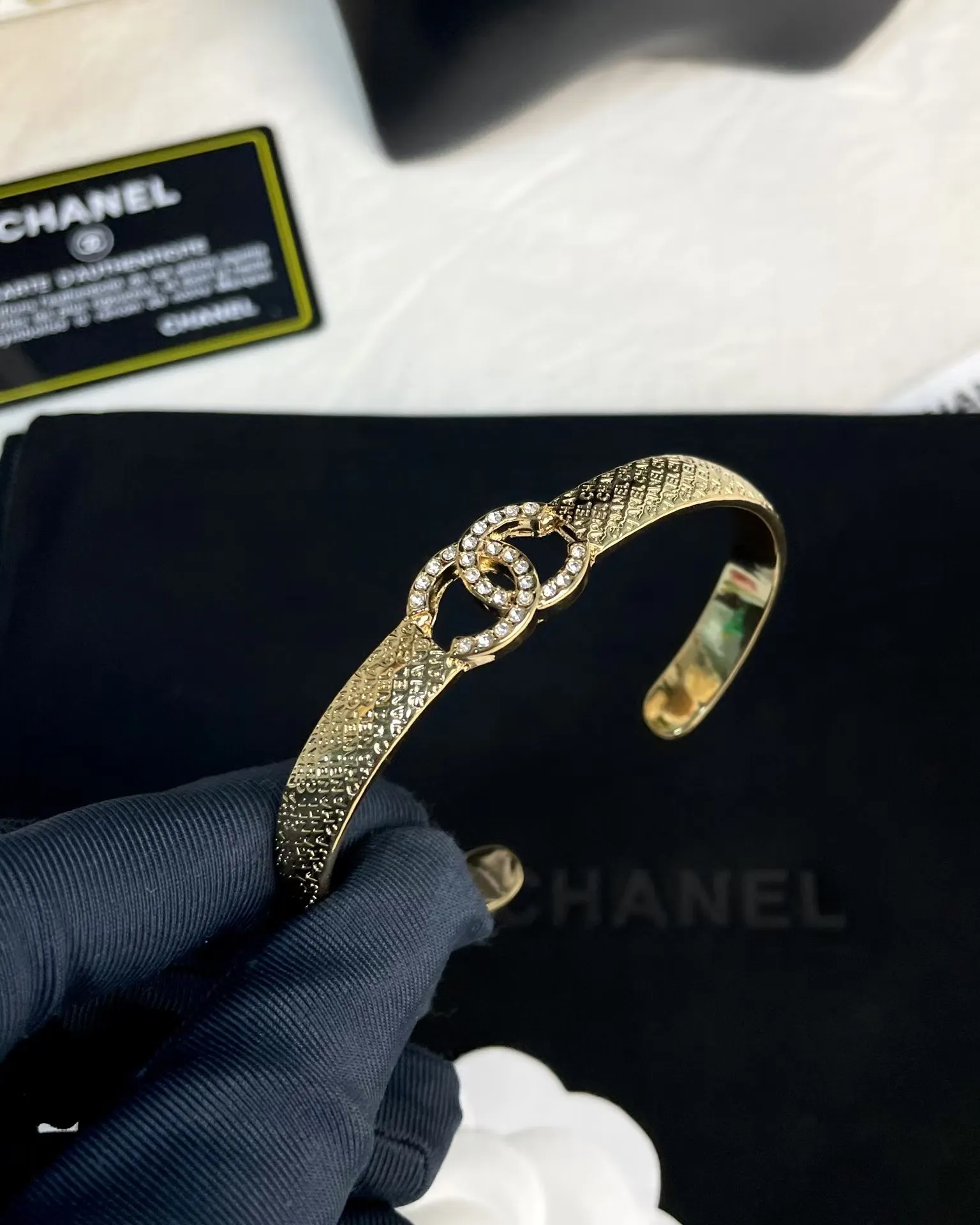 Chanel Hollow Diamond Paved Double C Open Bangle Bracelet