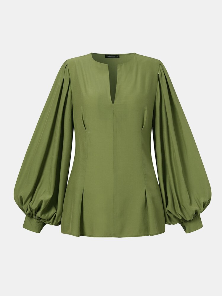 Solid Color V neck Lantern Long Sleeves Casual Blouse For Women P1796506
