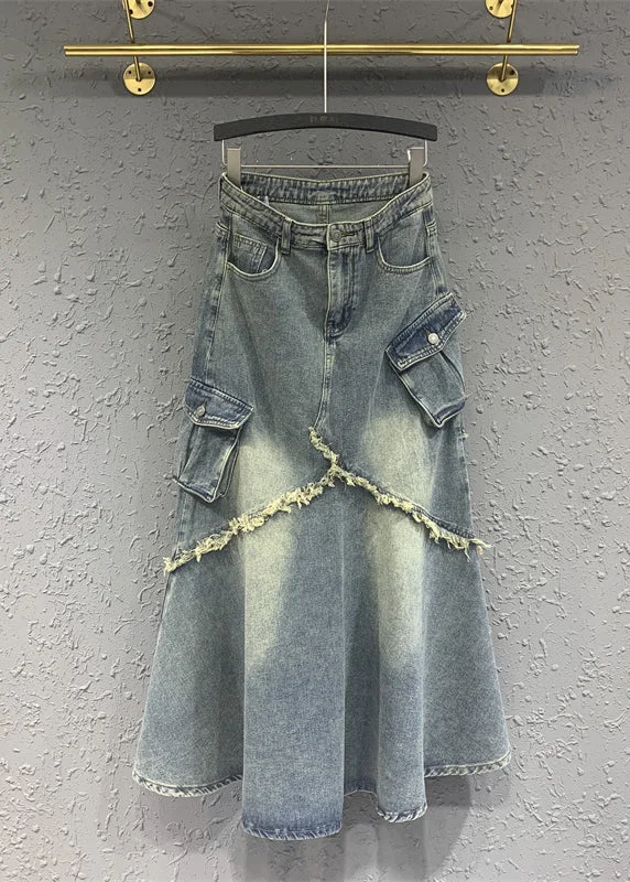 Fashion Light Blue Tasseled Pockets Patchwork Denim Skirt Fall