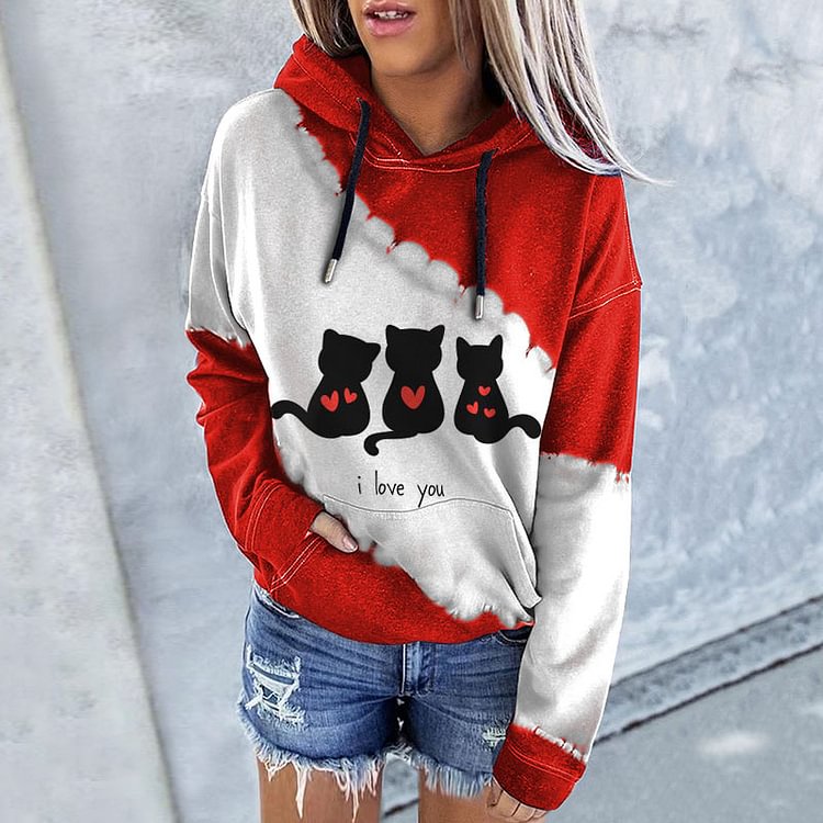 Vefave I Love You Cat Print Hoodie