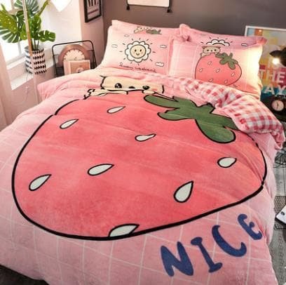 Kawaii Strawberry Coral Velvet Bedding Sheet SP13276