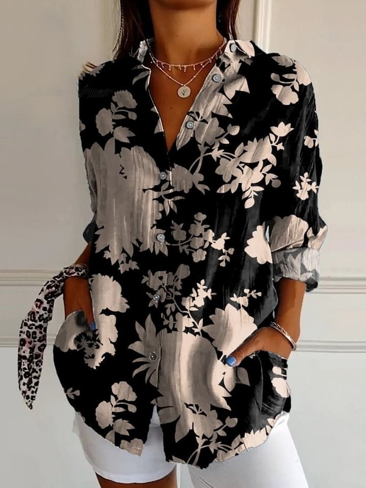 Flower and Plant Silhouette Decorative Pattern Casual Cotton Shirt