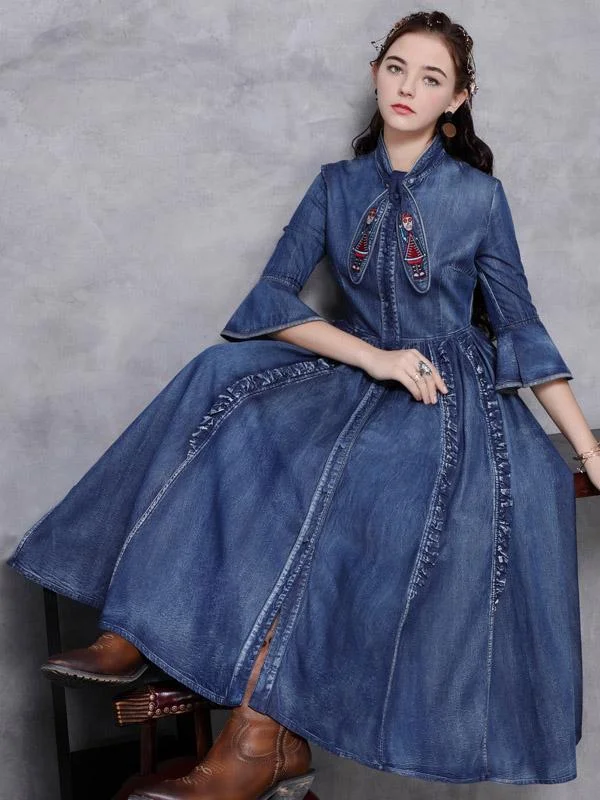 Vintage Falbala Stand Collar Jean Dress