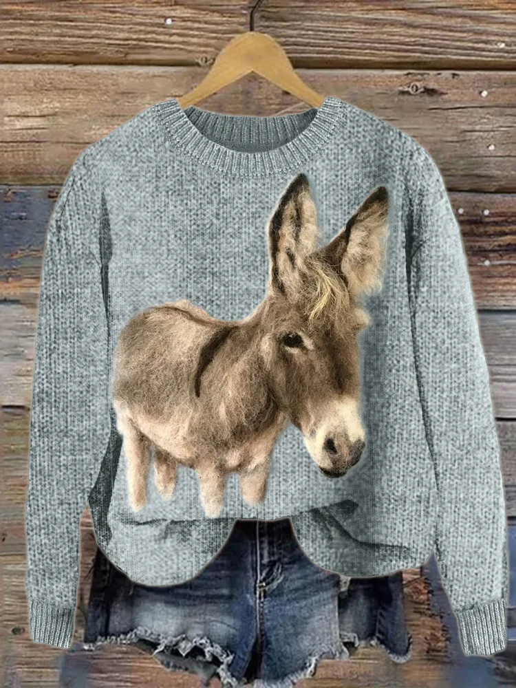 Fuzzy Donkey Felt Art Cozy Knit Sweater