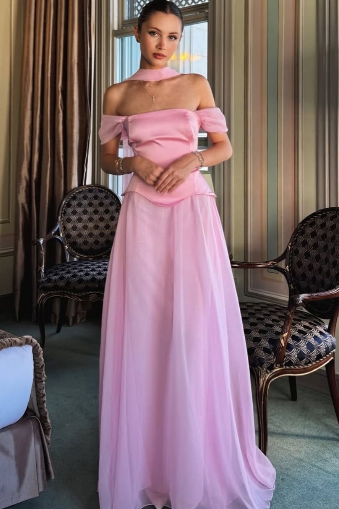 Lvs&Broner Charming Pink Chiffon Off The Shoulder Sleeveless Long Prom Dress