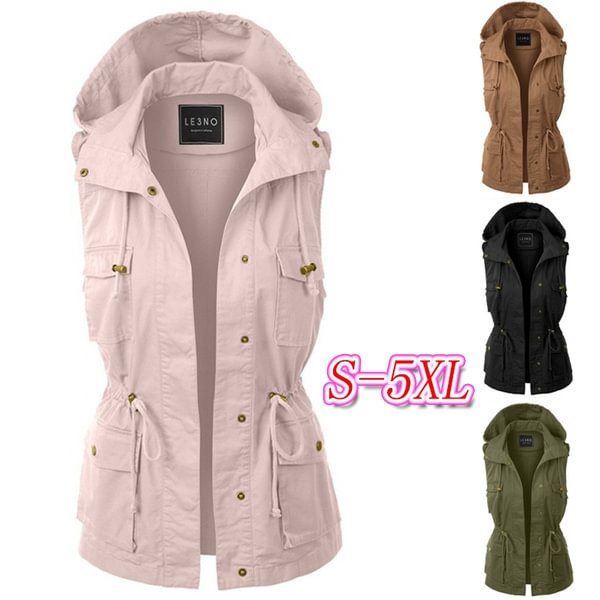 2018 Women's Fashion Casual Sleeveless Hooded Solid Color Pockets Coat Vest Jacket