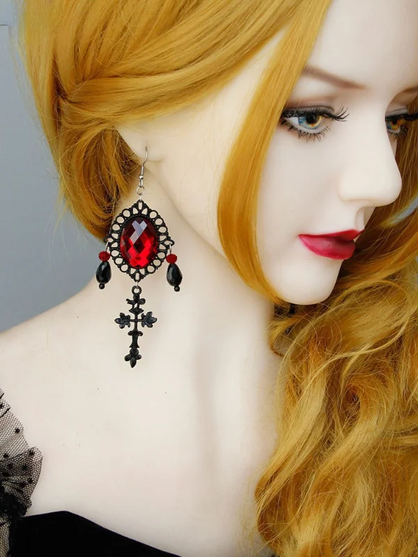 Gothic Dark Statement Vampire Color Block Crystal Cross Pendants Earrings