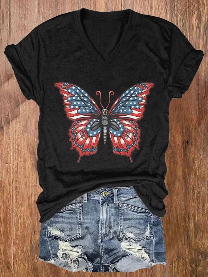Women's Butterfly Print V-Neck Casual T-Shirt