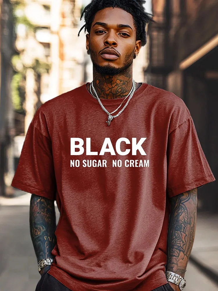Men's Black No Sugar No Cream Print Cotton Casual T-Shirt
