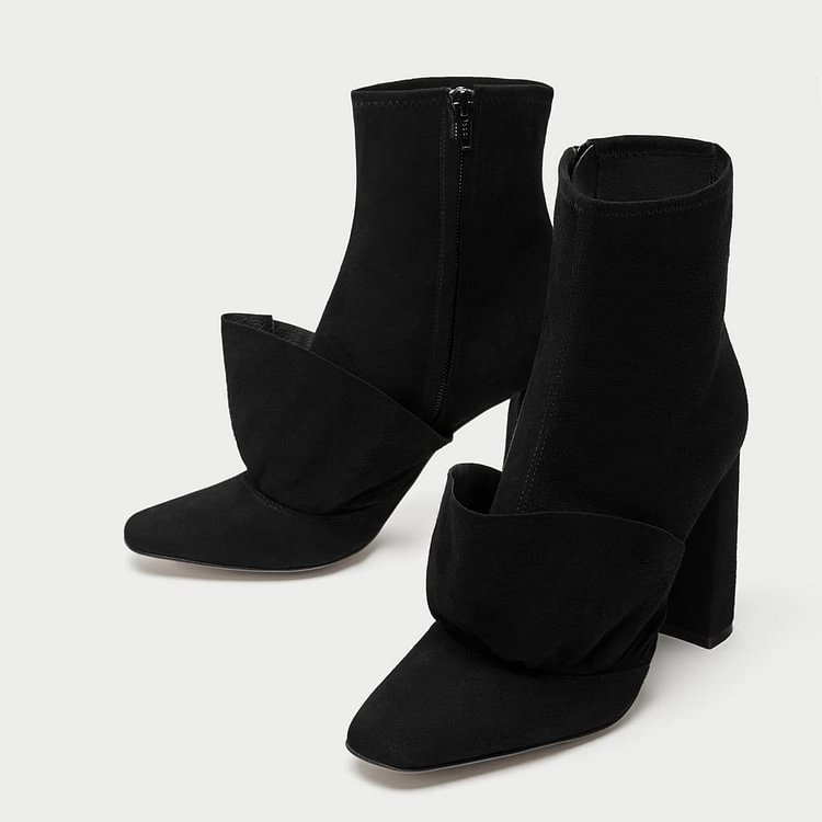 Black Square Toe Boots Suede Fashion Chunky Heel Ankle Boots |FSJ Shoes