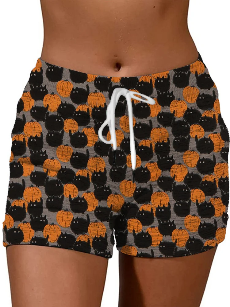 Halloween Pumpkins & Black Cats Drawstring Casual Shorts