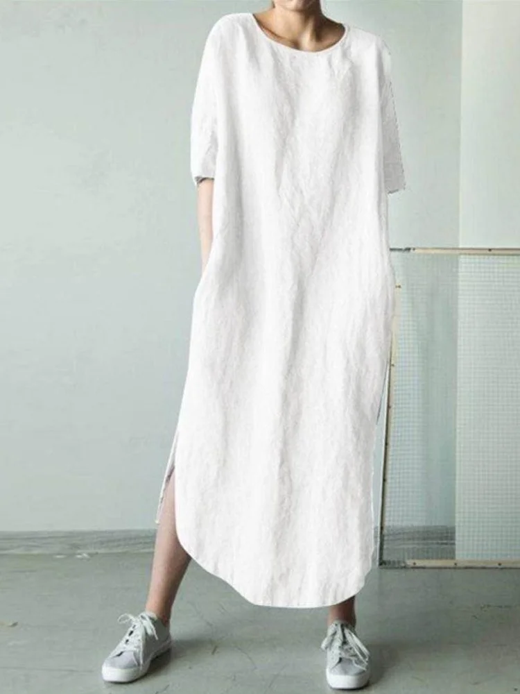 Loose Fit Crew Neck Half Sleeve Side Slit Maxi Dress