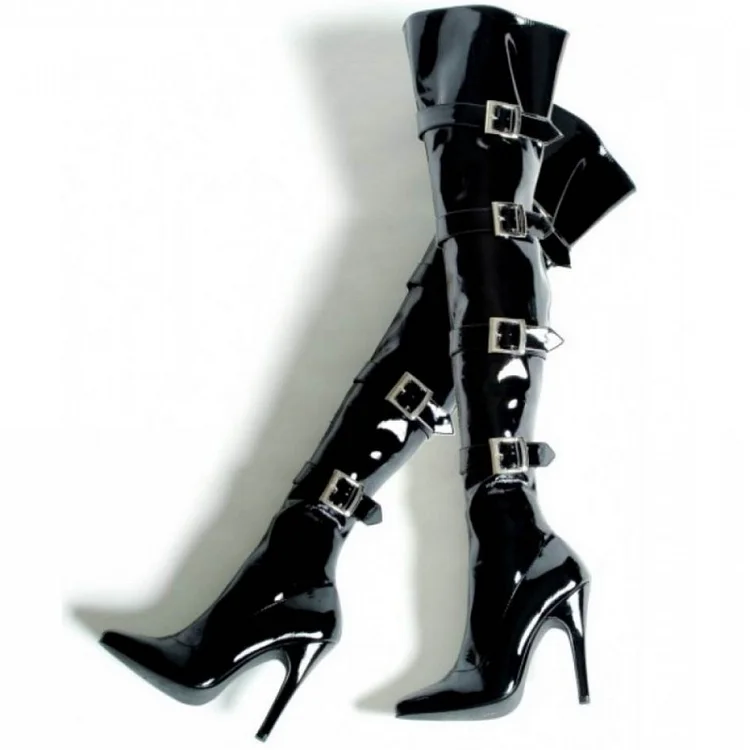 Black Buckle Boots Patent Leather Pointy Toe Sexy Thigh High Boots |FSJ Shoes