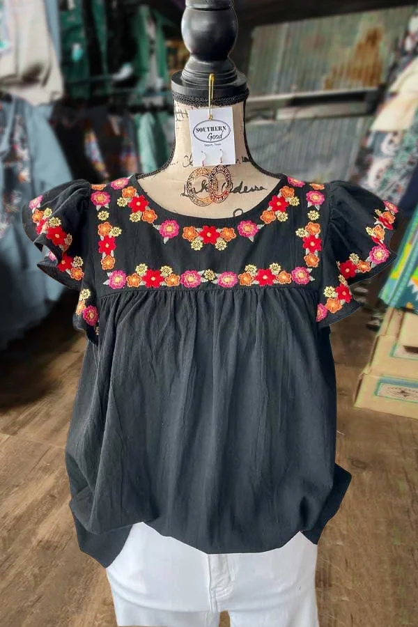 Floral Embroidered Ruffle Sleeve Top