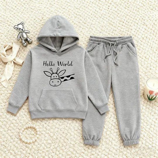 【2Y-13Y】Festive Fleece-Lined Hoodie And Jogger Set Hello World Giraffe Design For Kids