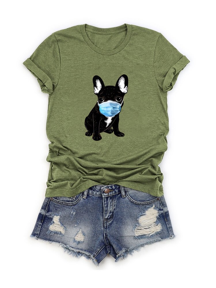Cartoon Dog Printed Short Sleeve O Neck T shirt For Women P1669307