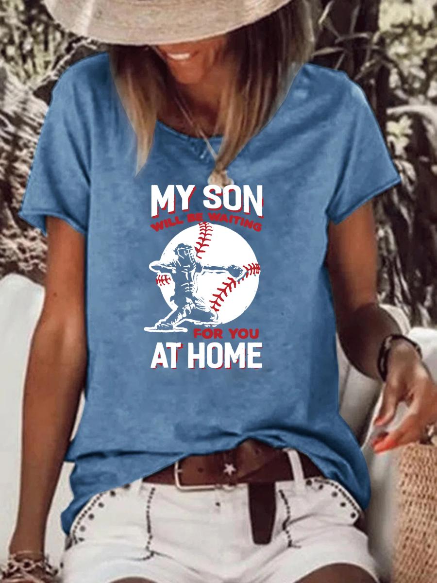 My Son Will Be Waiting For You At Home Baseball Mom Raw Hem Tee-Guru-buzz