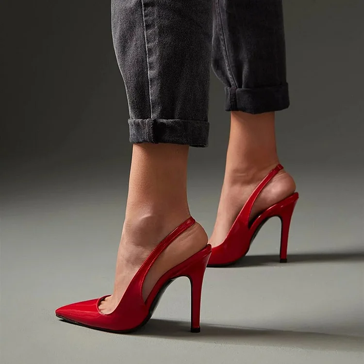 Red Patent Leather Stiletto Heels Pointed Toe Slingback Pumps |FSJ Shoes