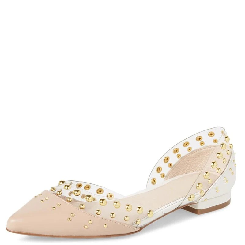 TAAFO D'orsay Pink Rivets PVC Closed Pointed Toe Shallow Flat Woman For Ladies Dress Clear Shoes 