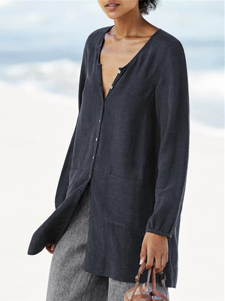 V-Neck Button Down Long-Sleeve Blouse