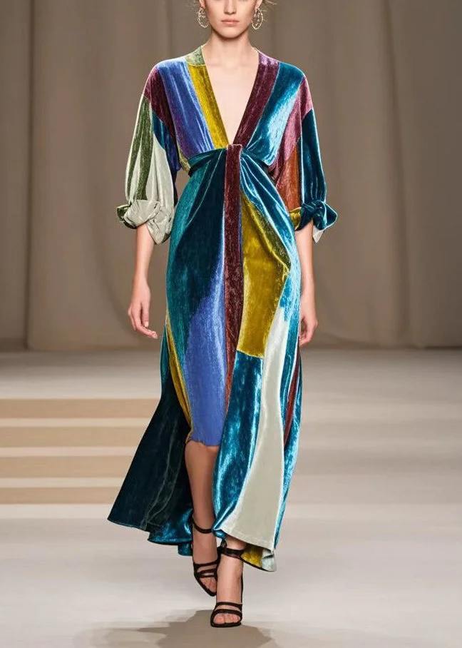 Simple Colorblock V Neck Patchwork Silk Velour Party Dress Fall