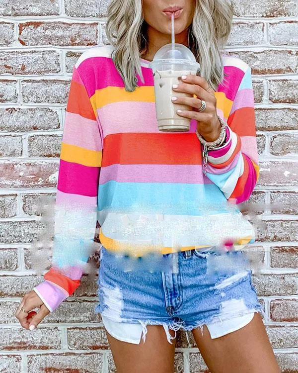 round collar printed striped blouse p128270