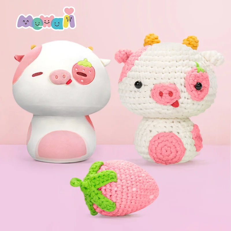 MeWaii® Crochet Strawberry Cow Kit with 4'' Sample Plush Crochet Beginners Kit Set