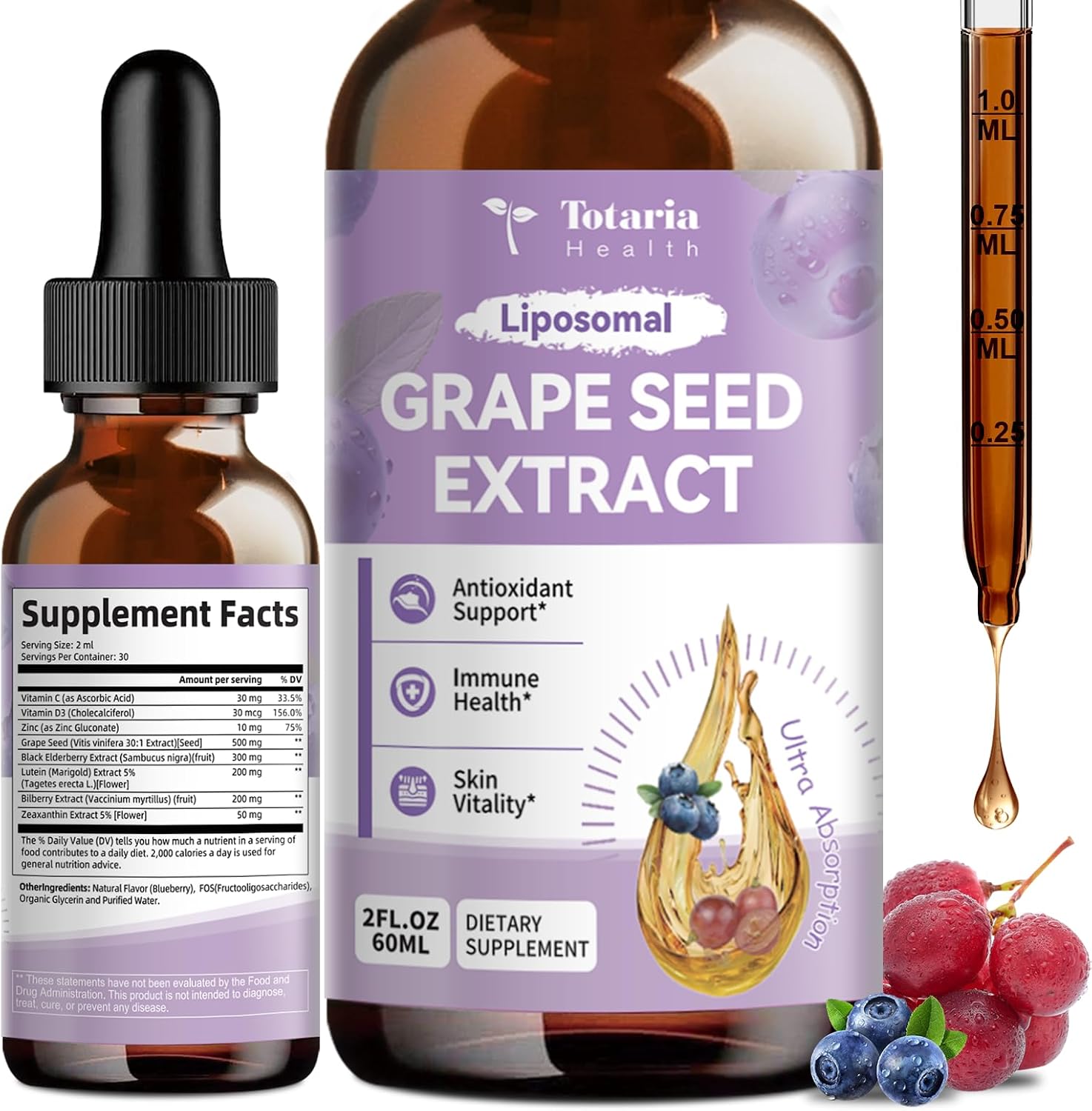 Grape Seed Extract Liquid Drops | High Potency 95% Polyphenols Antioxidant Supplement for Skin, Heart & Immune Support | Vegan, Gluten Free | Alcohol-Free & Non-GMO