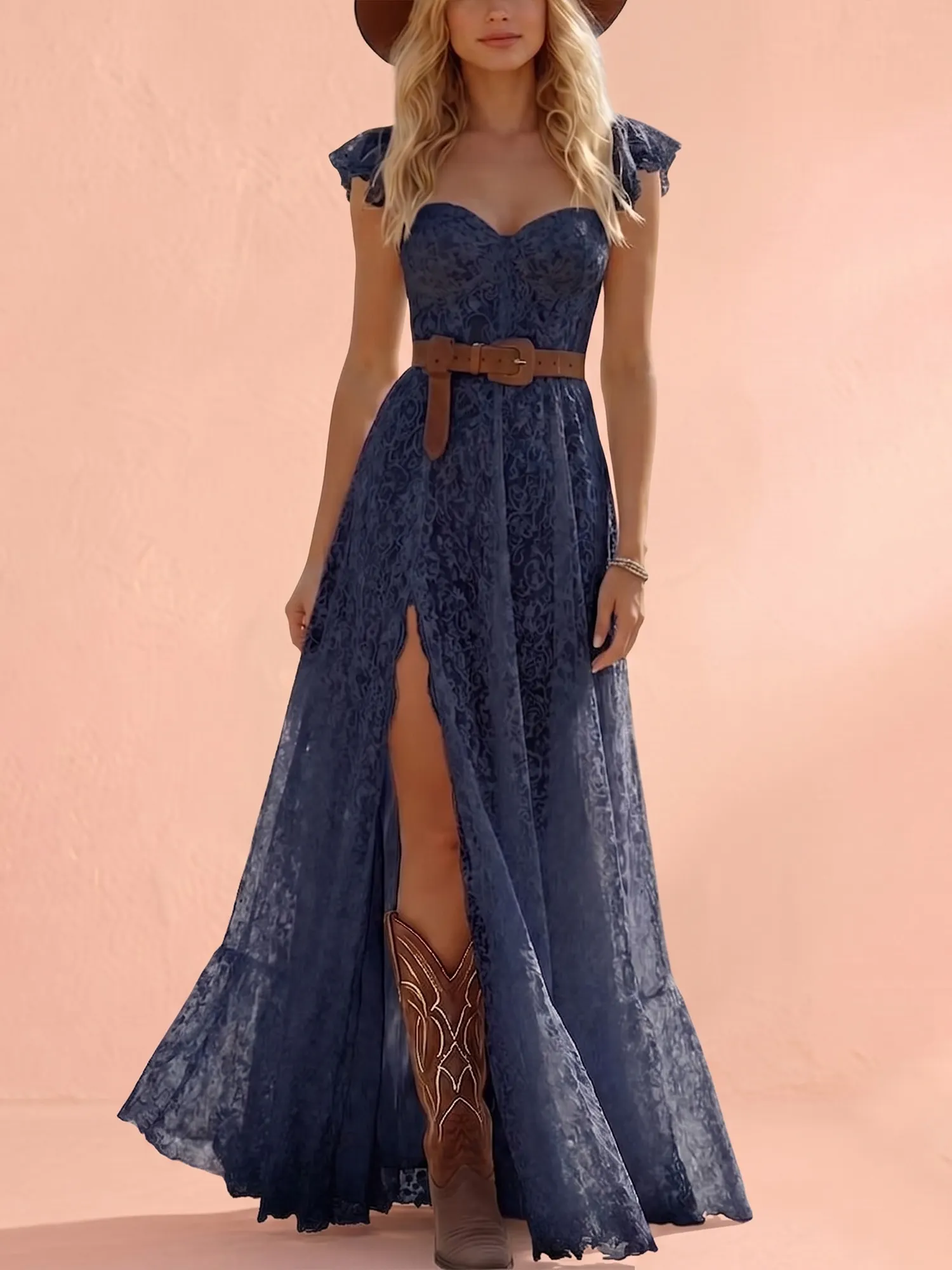 high slit western dress Leely Women White Boho Maxi Western Wedding Dress V-Neck A Line Backless Cowgirl Wedding Dress with Slit
