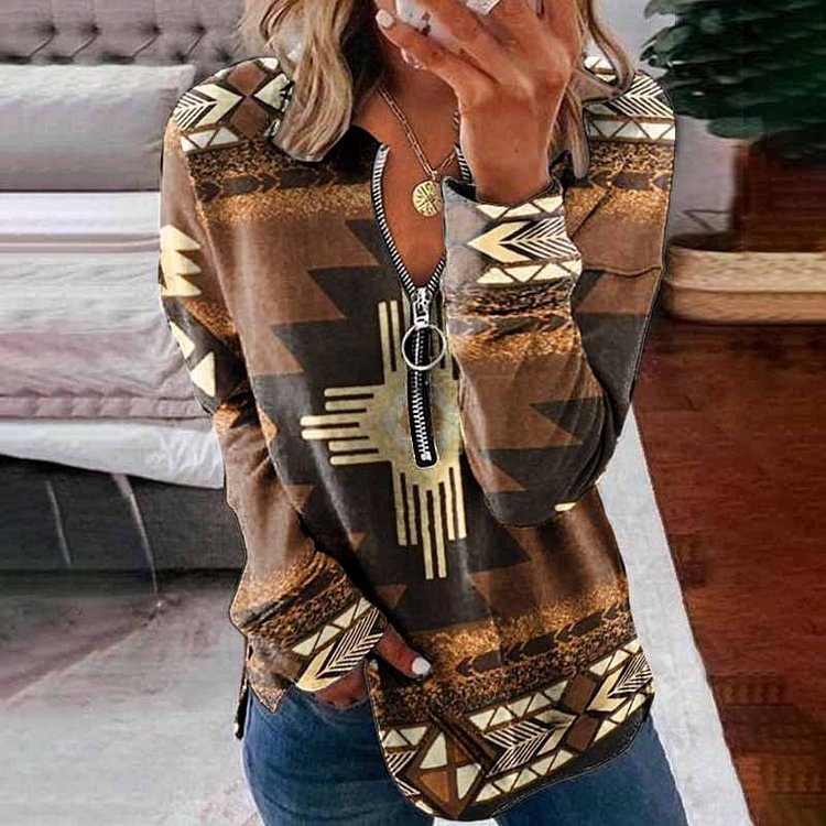 VChics Vintage Geometry Tribal Painting Zipper Long Sleeve Sweatshirt